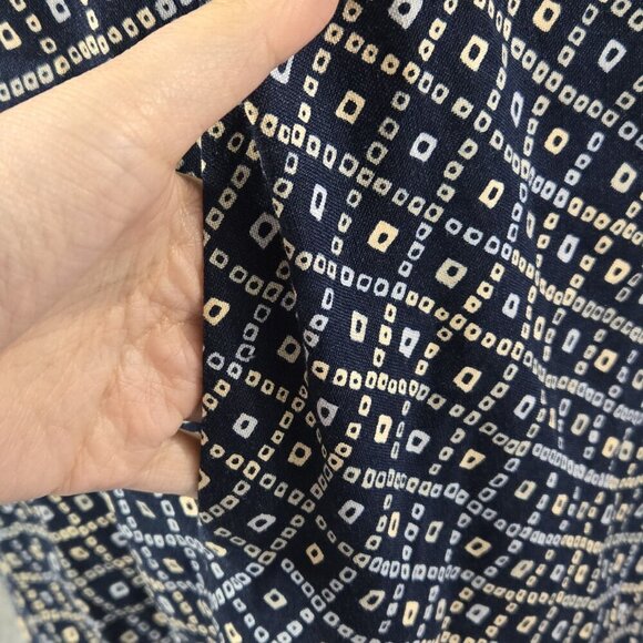 LOFT Linen Blend Blue Batik Border Mosaic Pocket Swing Dress Boho Tribal - Picture 6 of 9